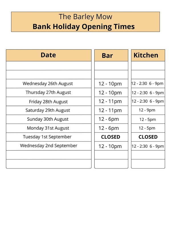 Bank Holiday Opening Times